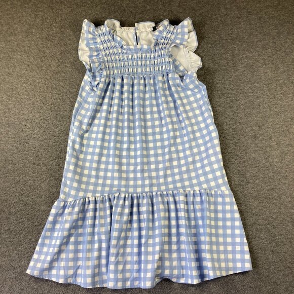 Michelle McDowell Smocked Gingham Dress Womens Small S blue Ruffle - Picture 1 of 9